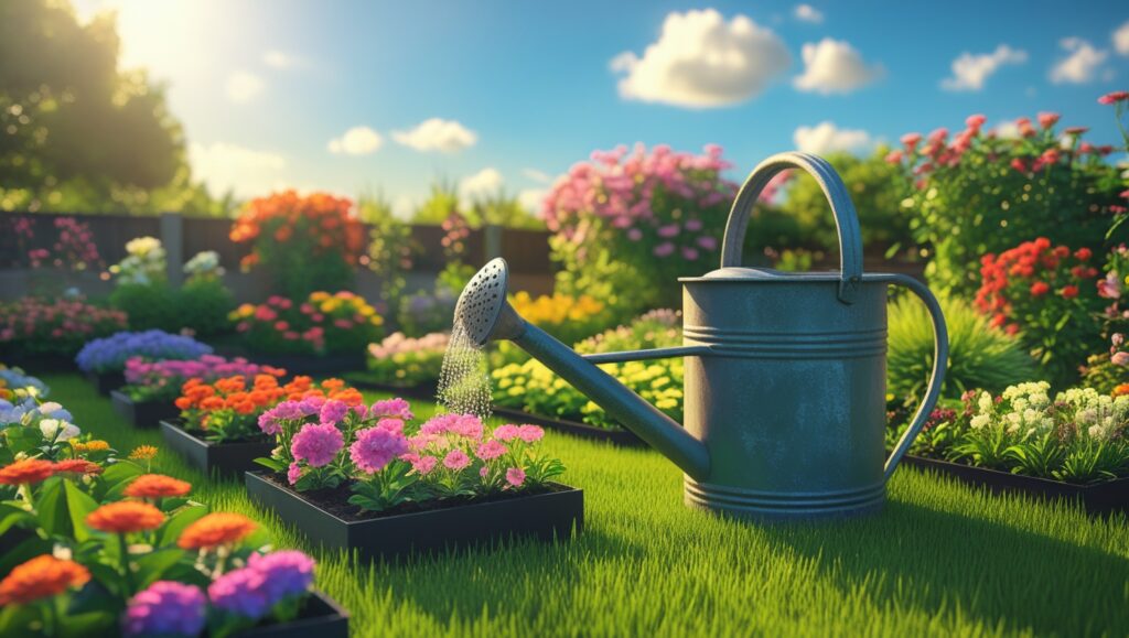 Sunny backyard location with prepared flower beds for cut flower gardening