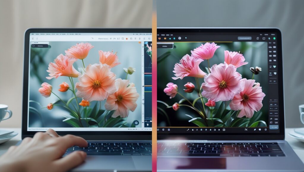 "before and after flower photo editing workflow on laptop"