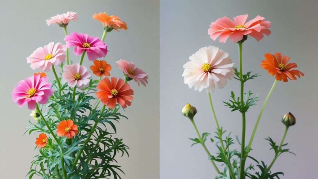 Comparison of unpinched and pinched zinnia plants showing stem growth