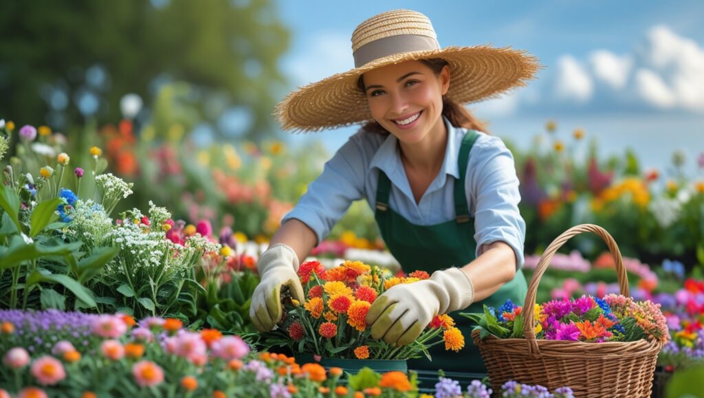  "Gardener harvesting blooms from a well-planned cut flower bed"

