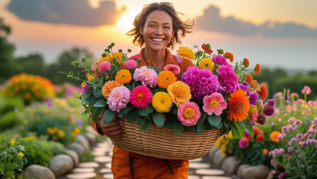 Gardener carrying a basket of freshly cut flowers at sunset, symbolizing the joy of a thriving cut flower garden.