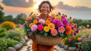 Gardener carrying a basket of freshly cut flowers at sunset, symbolizing the joy of a thriving cut flower garden.