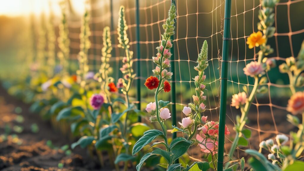 Pinched flower plants supported with netting for upright growth
