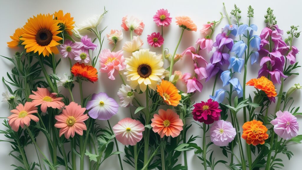  Freshly cut beginner-friendly flowers including zinnias, sunflowers, cosmos, sweet peas, and snapdragons
