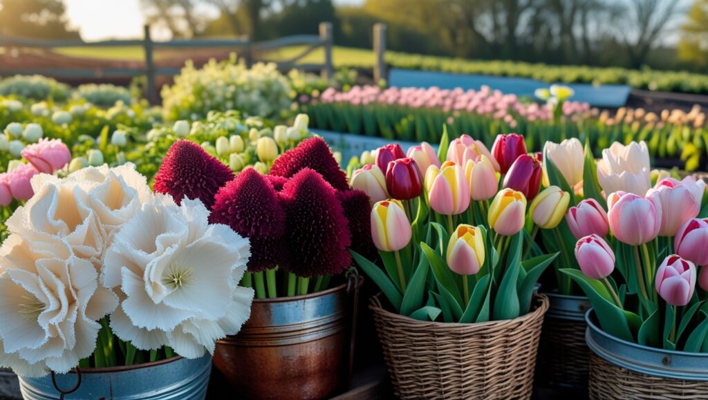 "Unique and colorful cut flowers grown from seed, including lisianthus, amaranth, and tulips, ready for market."