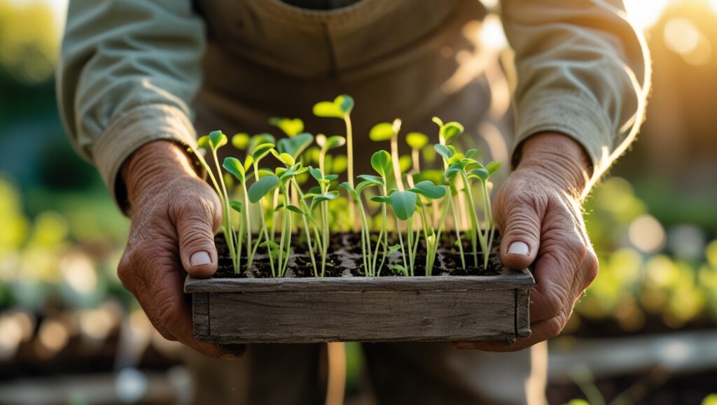 "Flora Lane holding a seed tray filled with healthy flower seedlings during early spring seed starting."