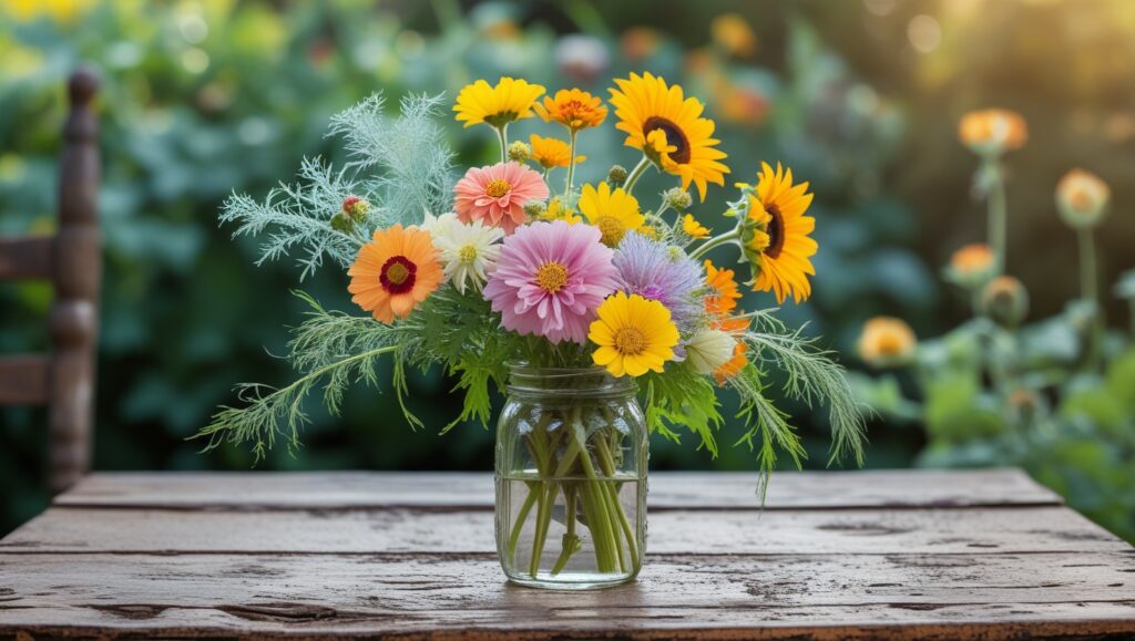 Colorful annual flowers — zinnias, cosmos, and sunflowers — arranged in a rustic mason jar bouquet.
