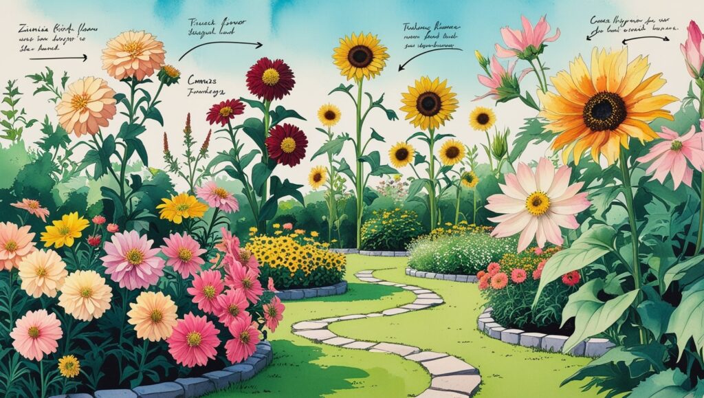 Illustrated guide showing flower bed placement for zinnias, snapdragons, sunflowers, and cosmos"