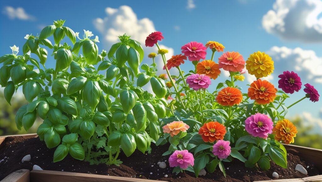 Companion planting of basil and zinnias to improve cut flower health and deter pests.

