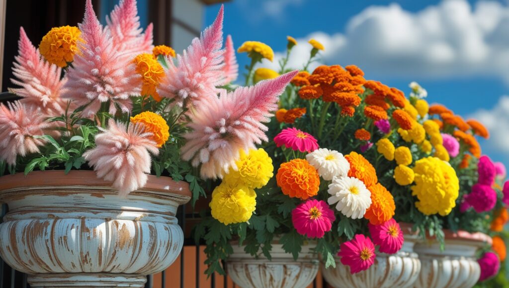 Celosia flowers growing in decorative balcony containers alongside marigolds and zinnias