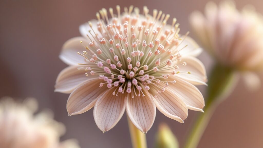 "Close-up of Scabiosa flower with intricate pincushion-shaped petals"
