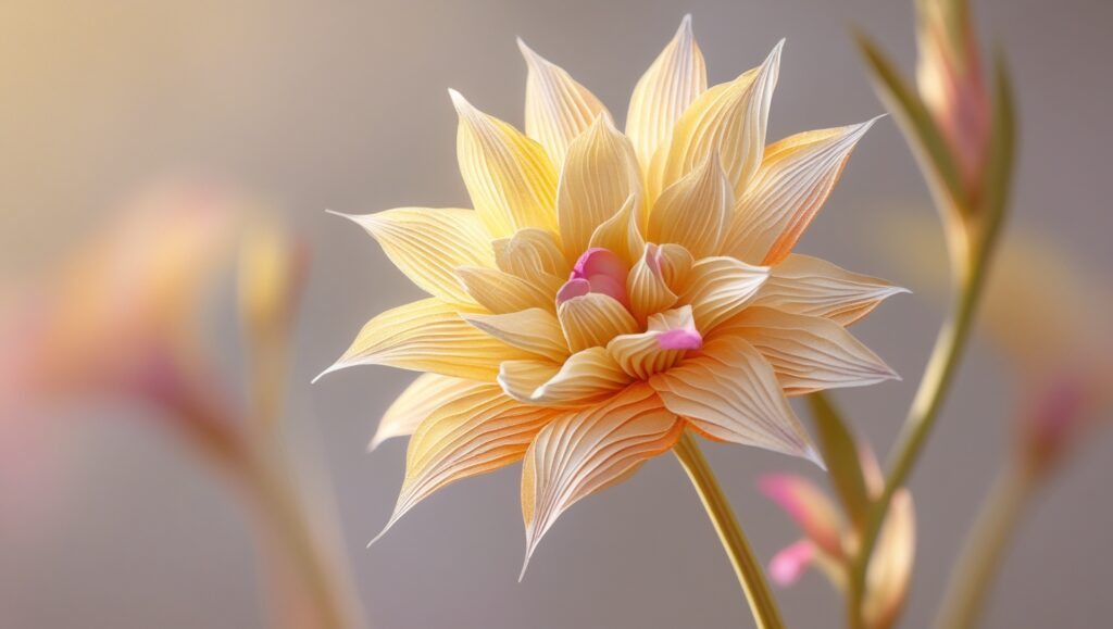 Close-up of strawflower bloom with papery petals in vivid pink and yellow tones.