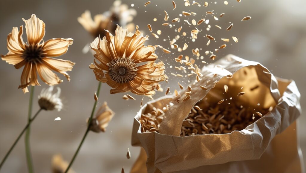 Collecting dried cosmos seeds into a paper bag for next season’s planting.

