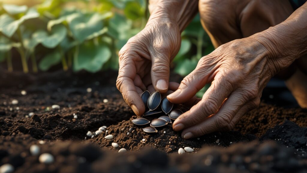 “Gardener planting sunflower seeds into soil in spring”