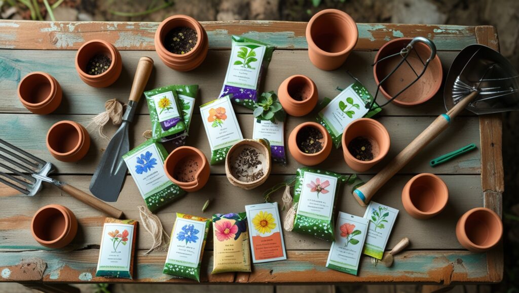 "Selection of high-quality flower seeds, pots, and gardening tools prepared for seed starting on a flower farm."