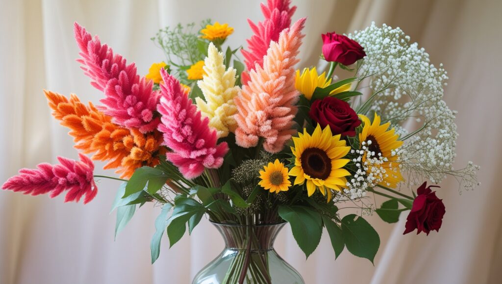Freshly cut Celosia flowers arranged in a vase with other summer blooms