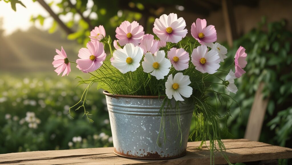 Freshly harvested cosmos flowers in a galvanized bucket ready for bouquet making.