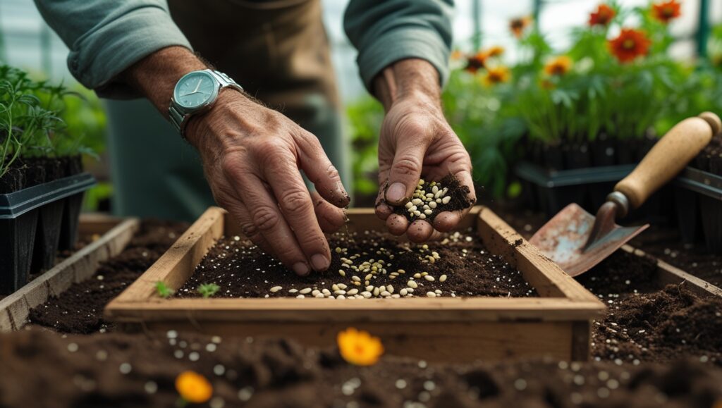 Hands sowing cosmos seeds in a seed tray for flower farm planting