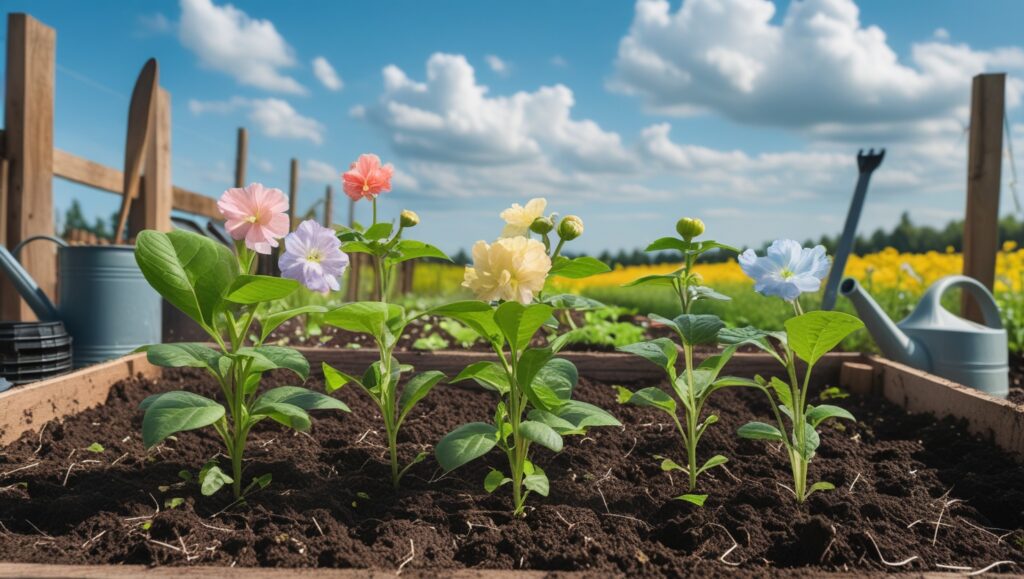 "Healthy flower seedlings hardening off outdoors before transplanting to the flower field."

