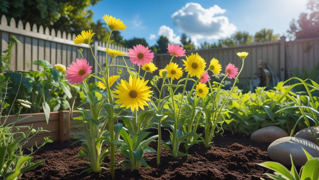 : Strawflowers growing in a sunny garden bed, thriving in warm weather conditions.
