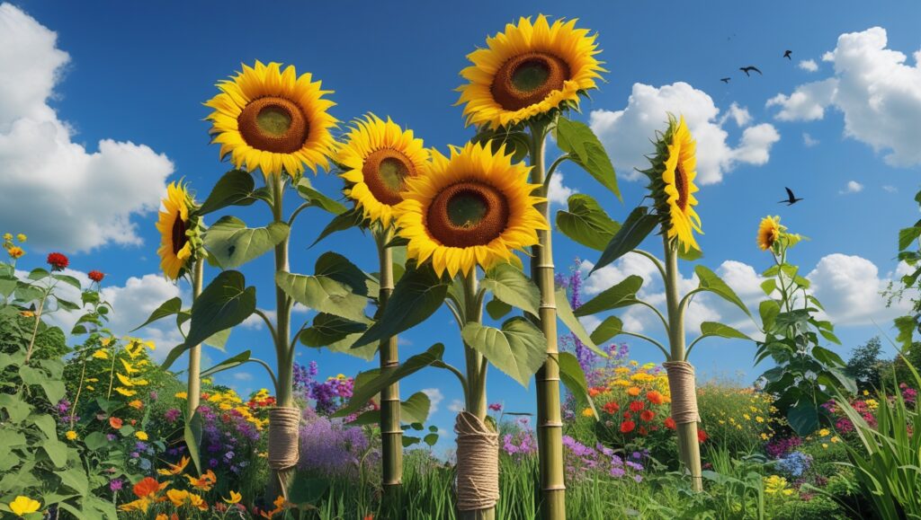 Tall sunflowers supported with bamboo stakes to prevent wind damage