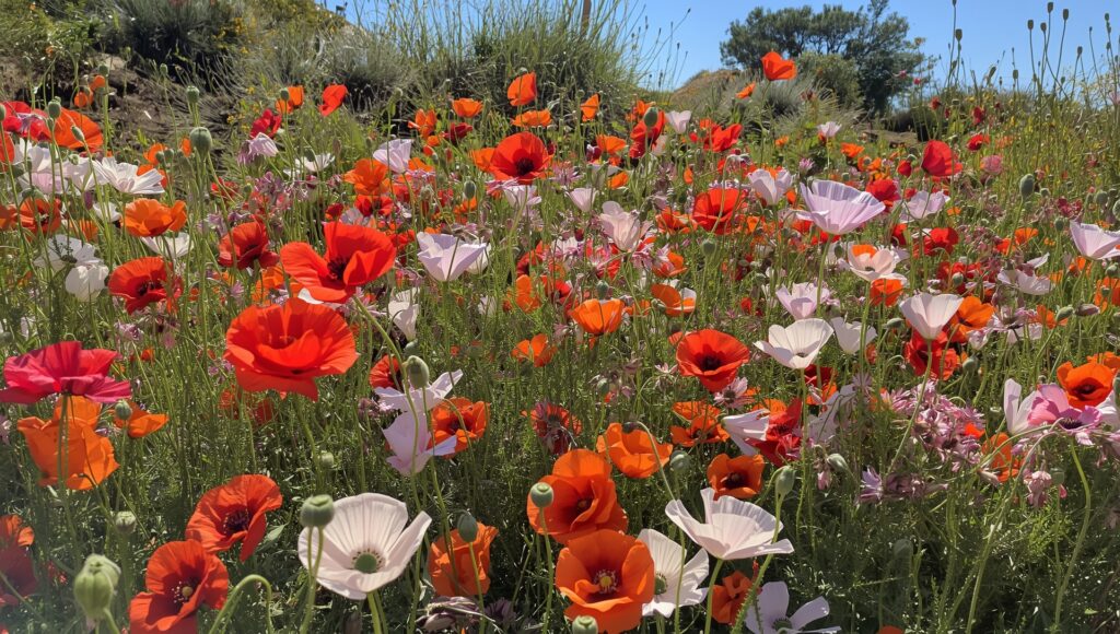 “Different varieties of poppies growing together in a sunny flower bed”