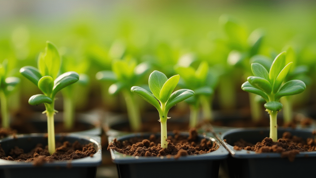Globe Amaranth seedlings sprouting in seed trays during germination”