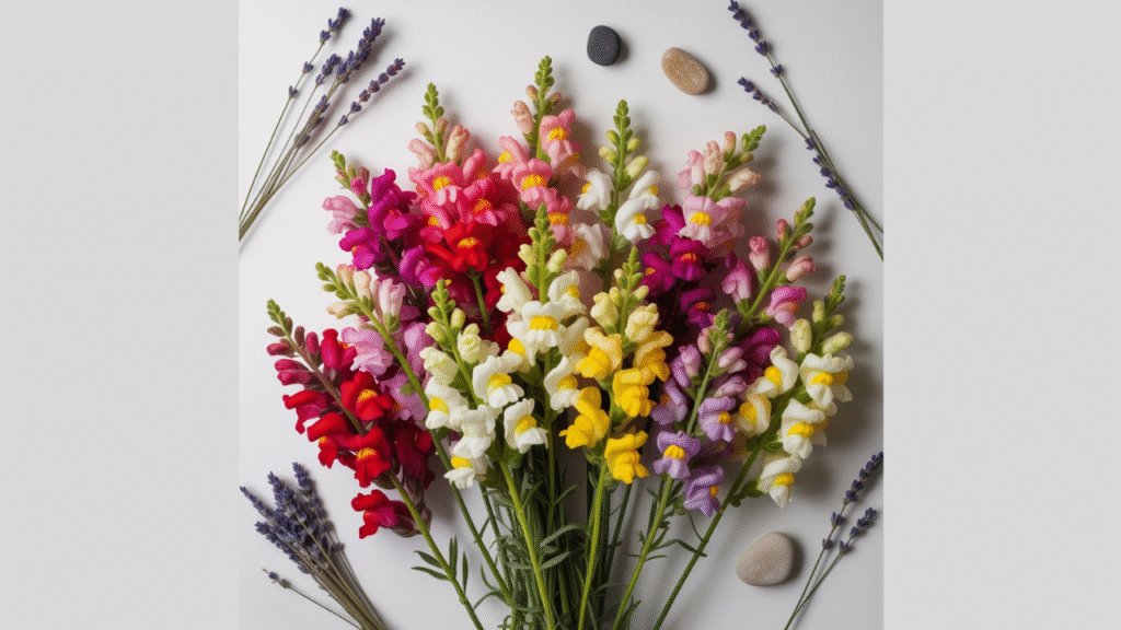 : Colorful snapdragon bouquet showing symbolic flower meanings—red for passion, white for purity, yellow for joy