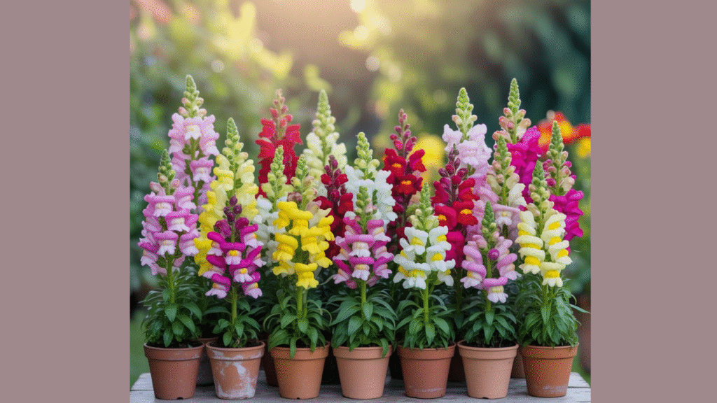 Top snapdragon varieties for 2025 including Rocket Mix, Chantilly Pink, and Madame Butterfly Bronze