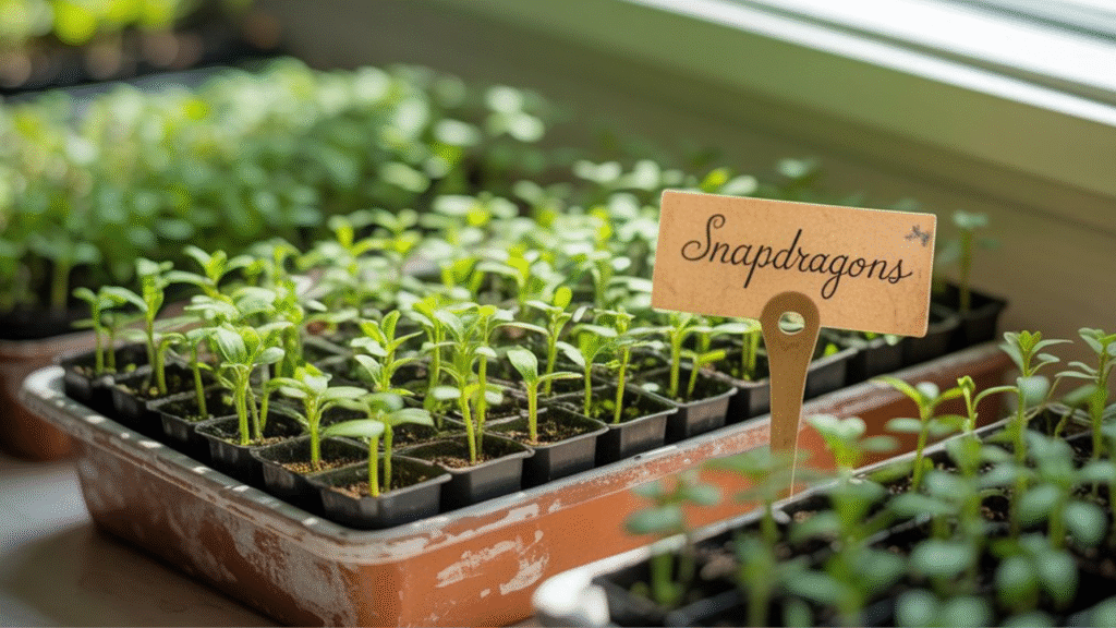 Snapdragon seeds sprouting in trays indoors under grow lights for early spring planting
