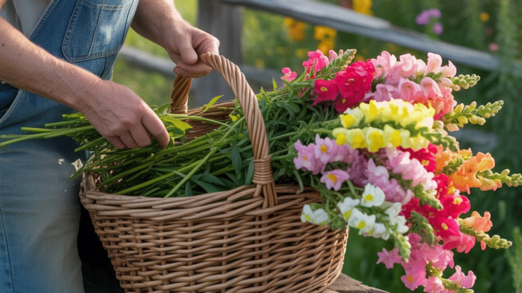 : Garden-fresh snapdragons being harvested for cut flower arrangements on a spring morning

