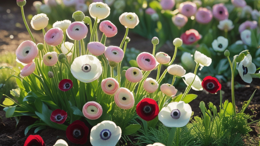 A vibrant spring garden bed filled with blooming ranunculus and anemones