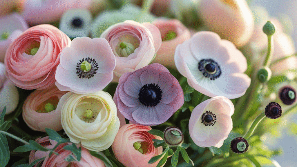 "Bouquet featuring ranunculus and anemones with soft layered petals and bright colors"

