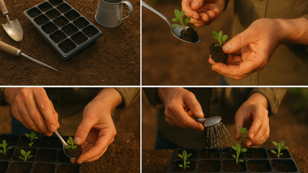 “How to prick out snapdragon seedlings: step-by-step transplanting process into individual pots.”

