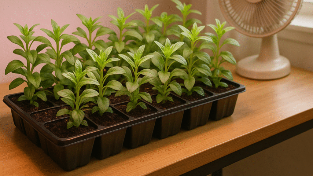 “Indoor setup for snapdragon seedlings after pricking out, with grow lights and seed trays.”


