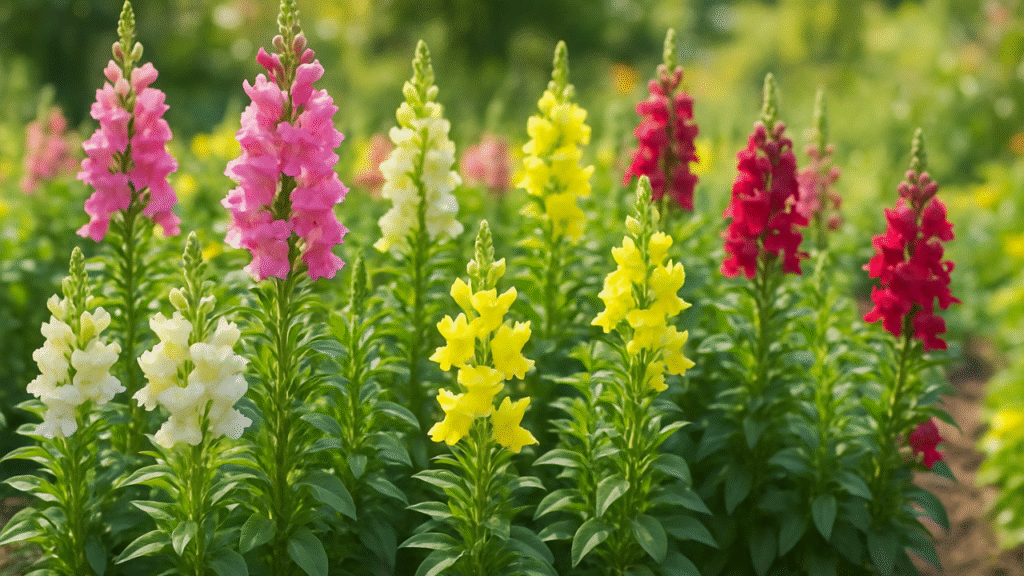 “Healthy blooming snapdragons in garden beds, grown from pricked-out seedlings.”