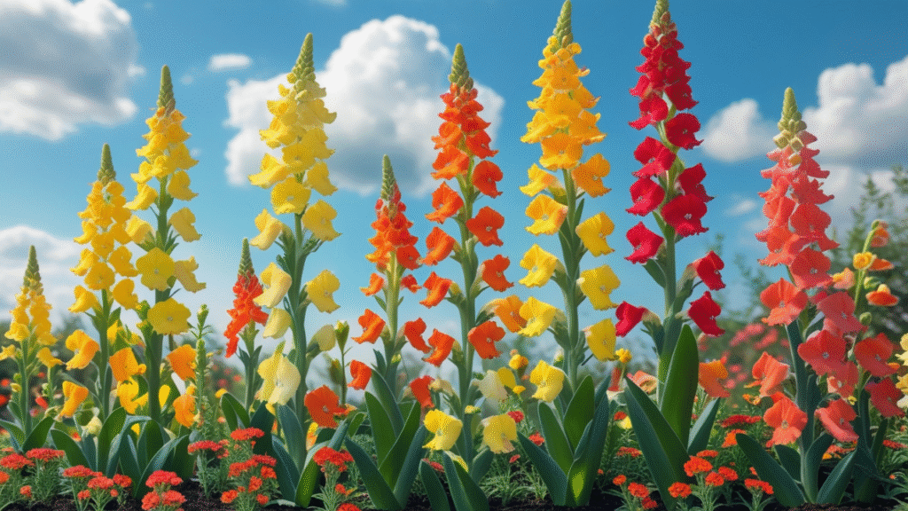Comparison of dwarf, medium, and tall snapdragon plants in a garden bed