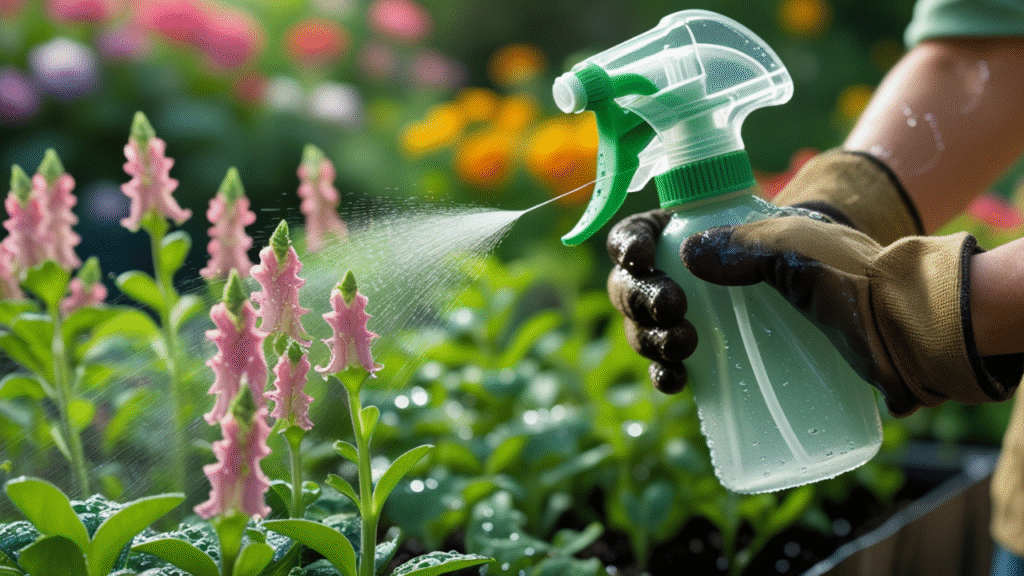 Watering young snapdragon seedlings in a seed tray using a spray bottle

