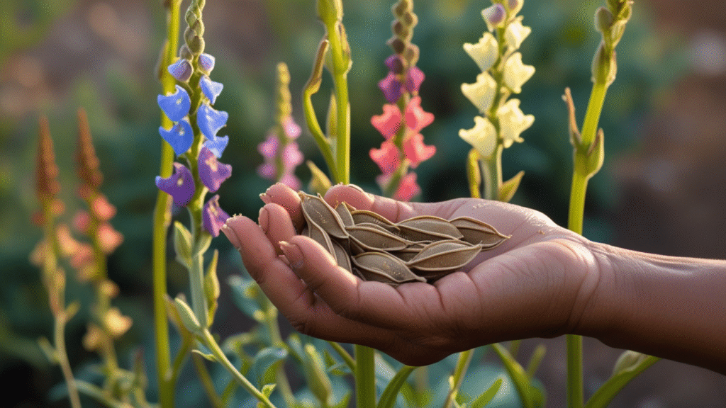 Collecting dried seed pods from a mature snapdragon plant for saving seeds

