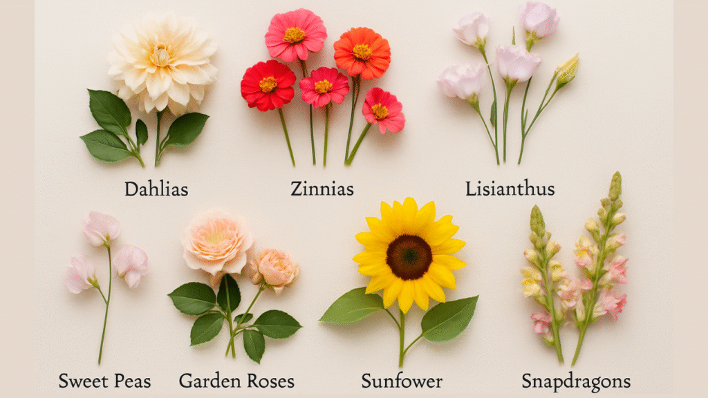 Best garden flowers for wedding bouquets – labeled flat lay