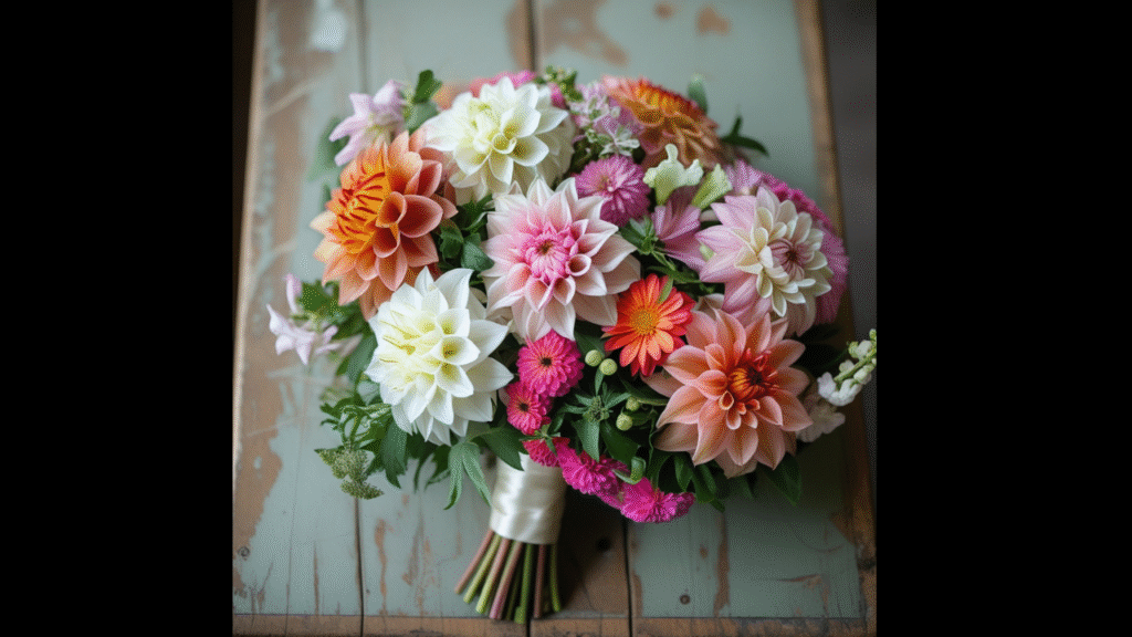 “Bridal bouquet with homegrown dahlias, lisianthus, and zinnias arranged on a rustic wooden table”