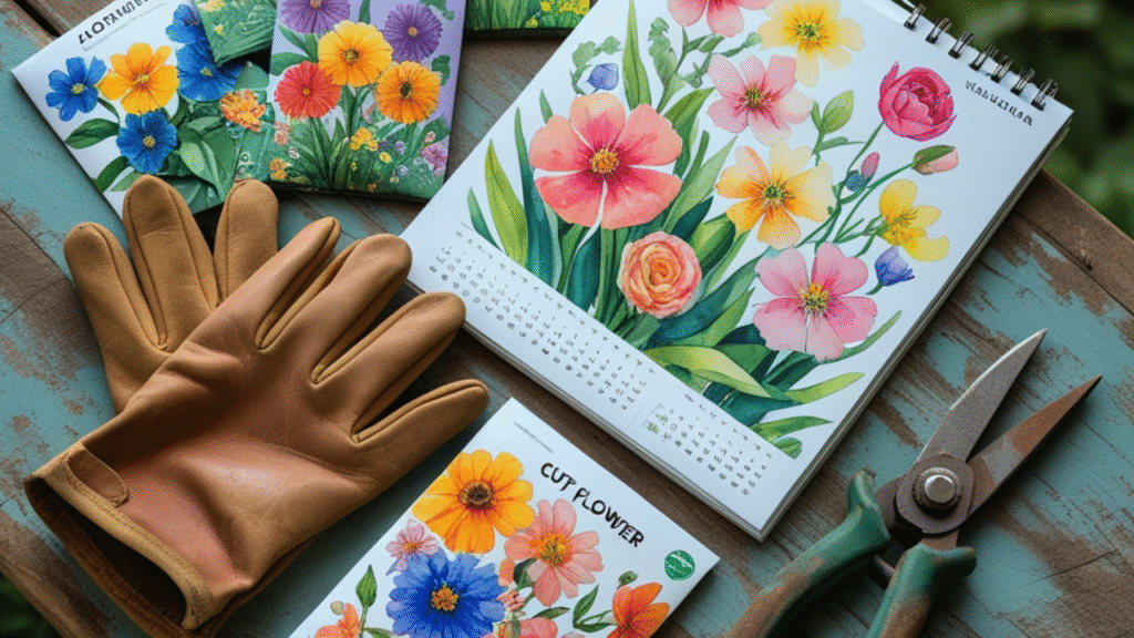 “Cut flower seed packets and gardening tools used to grow wedding flowers”