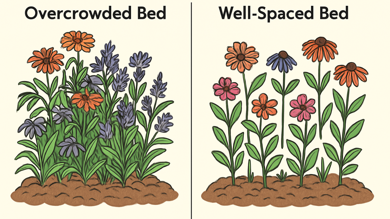 "Comparison of overcrowded vs well-planned cut flower beds showing better plant health and harvest."

