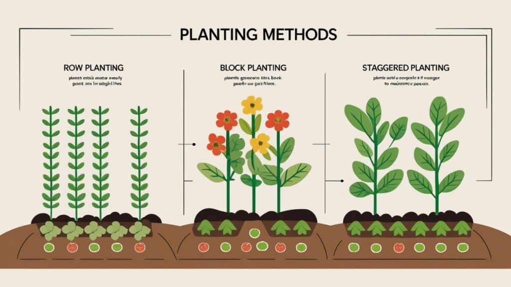 "Diagram showing different cut flower bed layouts including rows, blocks, and staggered planting."