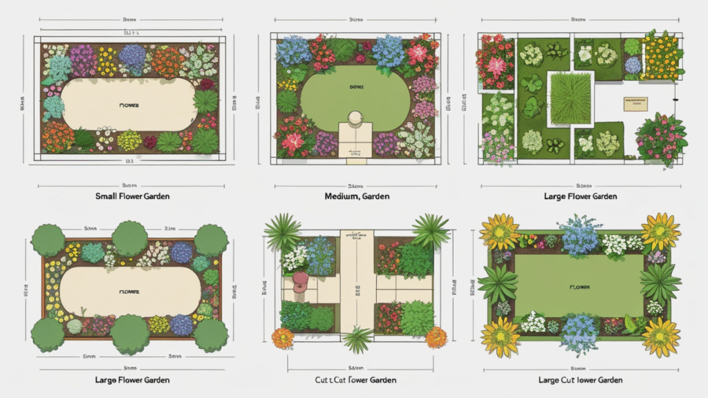 "Top-view diagrams of small, medium, and large cut flower bed layouts for different garden sizes."