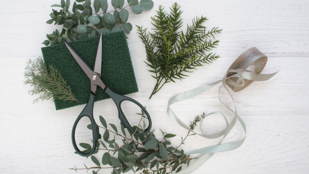 "Essential tools for flower arrangement design including floral scissors, foam, and ribbon"