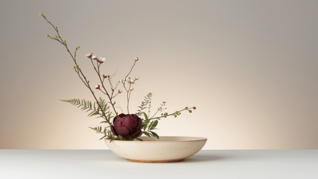 "Ikebana flower arrangement design with minimalist lines and balanced form"