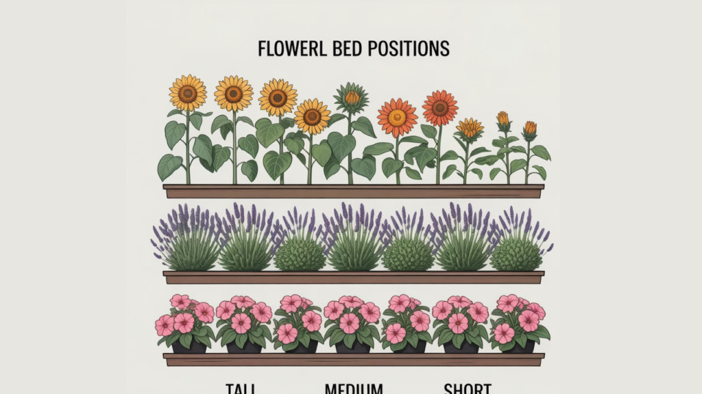Illustrated guide showing flower bed placement for zinnias, snapdragons, sunflowers, and cosmos"