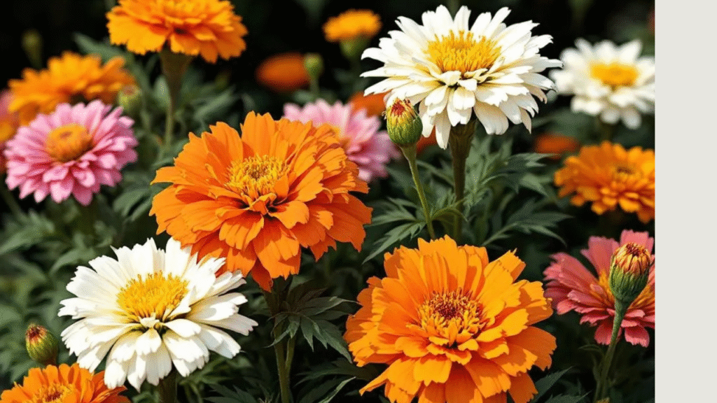 Marigolds planted alongside zinnias for companion planting"