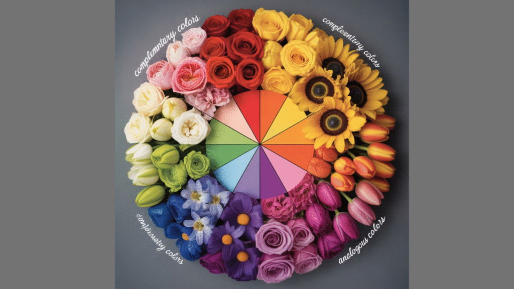 Color wheel with complementary and analogous flower arrangement examples

